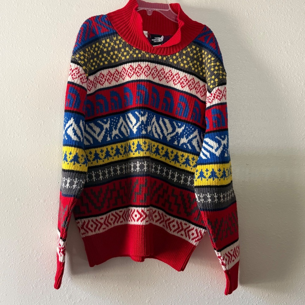 The North Face Vintage 100% Wool Fair Isle Logo Sweater Mens Medium Red Blue VTG
